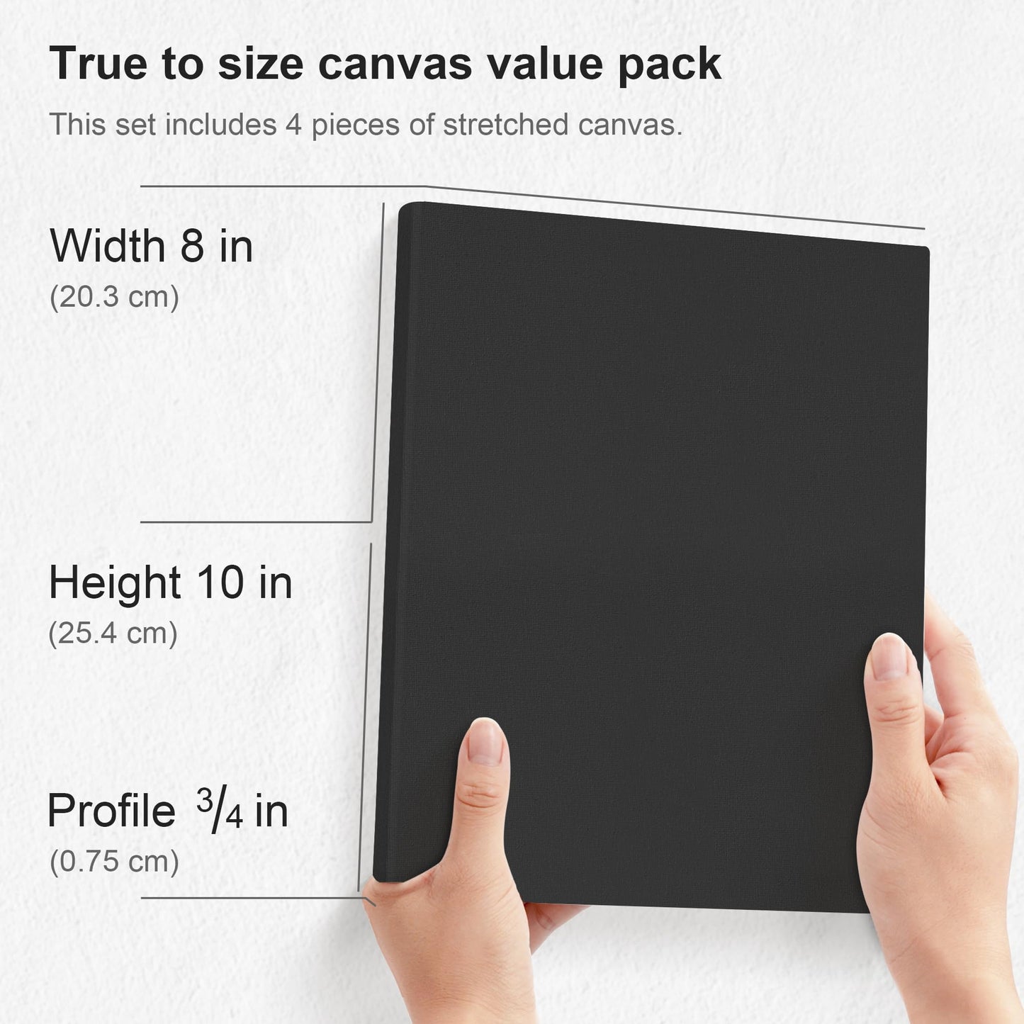 Black Stretched Canvas, 8x10 Inch/4 Pack - 3/4 Inch Profile, 8 Oz Quadruple Gesso Primed 100% Cotton Blank Black Canvases for Acrylic, Oil, Tempera, Metallic, Neon Painting & Crafts