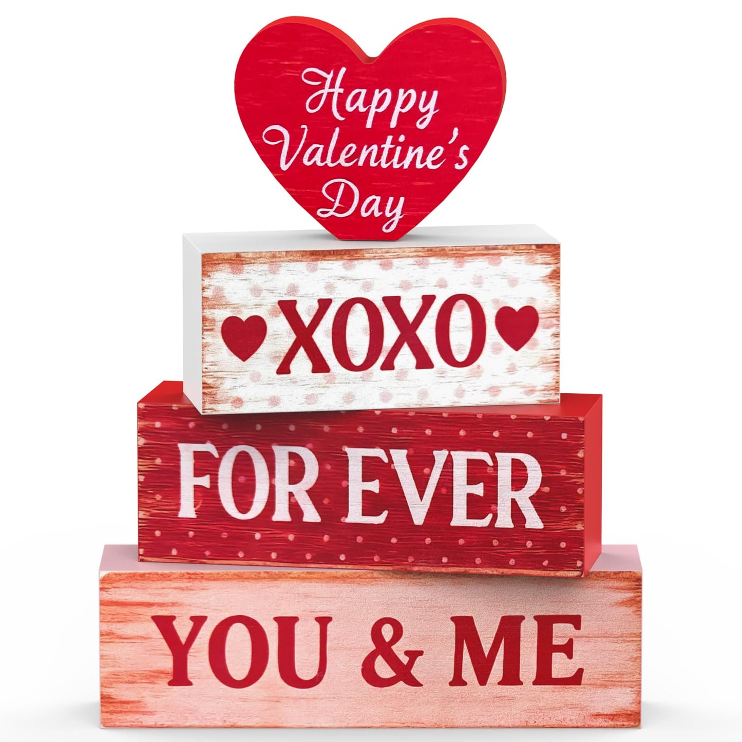 Valentines Day Decorations - 4 Pack Wooden Block Heart Set Signs Valentines Day Table Decor - 7.8 Inch Valentine's Decorations for Home Office Bedroom Tiered Tray Fireplace Mantel