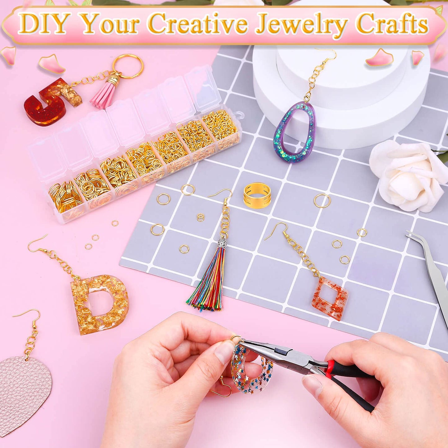 Gold Jump Rings for Jewelry Making, Paxcoo 1500Pcs Jewelry Necklace Repair Kit with Jewelry Making Supplies and Jewelry Pliers for Bangle Charms, Earrings and Nail Piercing