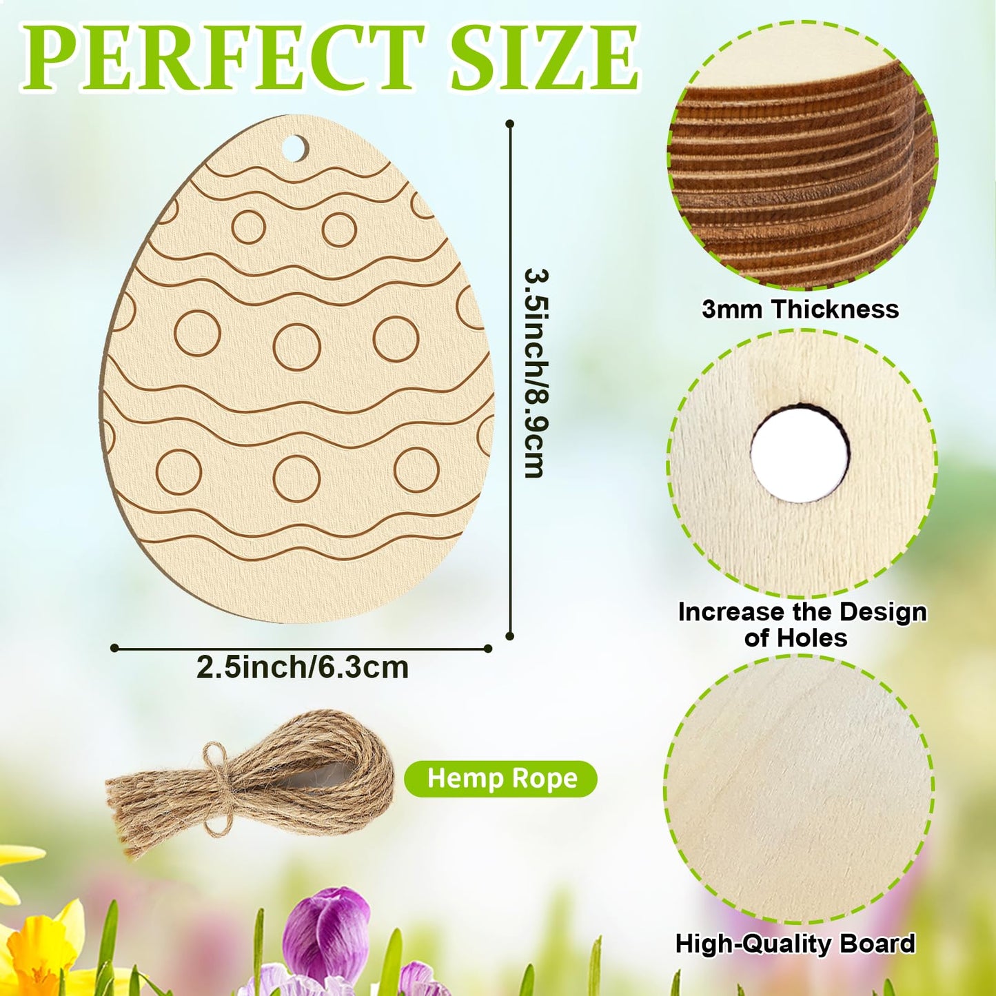 24PCS Wooden Egg Ornaments to Paint Easter Decoration Cutouts Unfinished 8 Different Patterns, DIY Blank Unfinished Wood Discs Ornament for Home Crafts Hanging Spring Decoration 3.5 inches