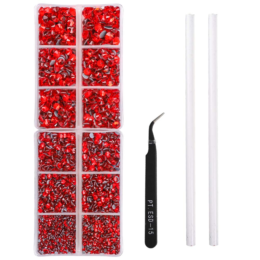 OUTUXED 5040pcs Red Flatback Rhinestones for Crafting, Crystal Round Gems for Nail Art DIY Crafts Clothes Bags, 6 Mixed Size Hotfix Rhinestones with Tweezers and Picking Rhinestones Pen