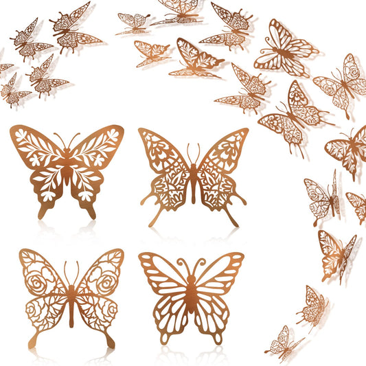 3D Butterfly Wall Decor 48 Pcs 4 Styles 3 Sizes - Gold Butterfly Decorations - Butterfly Birthday Decorations - Butterfly Party Decorations Balloon Cake Decoration - Removable Stickers for Kid Bedroom