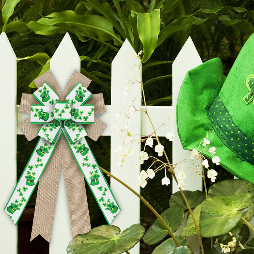 St Patrick's Day Ribbons 2.5" 10 Yards, Green White Wired Edge Burlap Ribbon Green Shamrock Hat Wrapping Ribbon for St Patrick's Day Birthday Party Wrapping DIY Craft Decoration Wreaths Bow