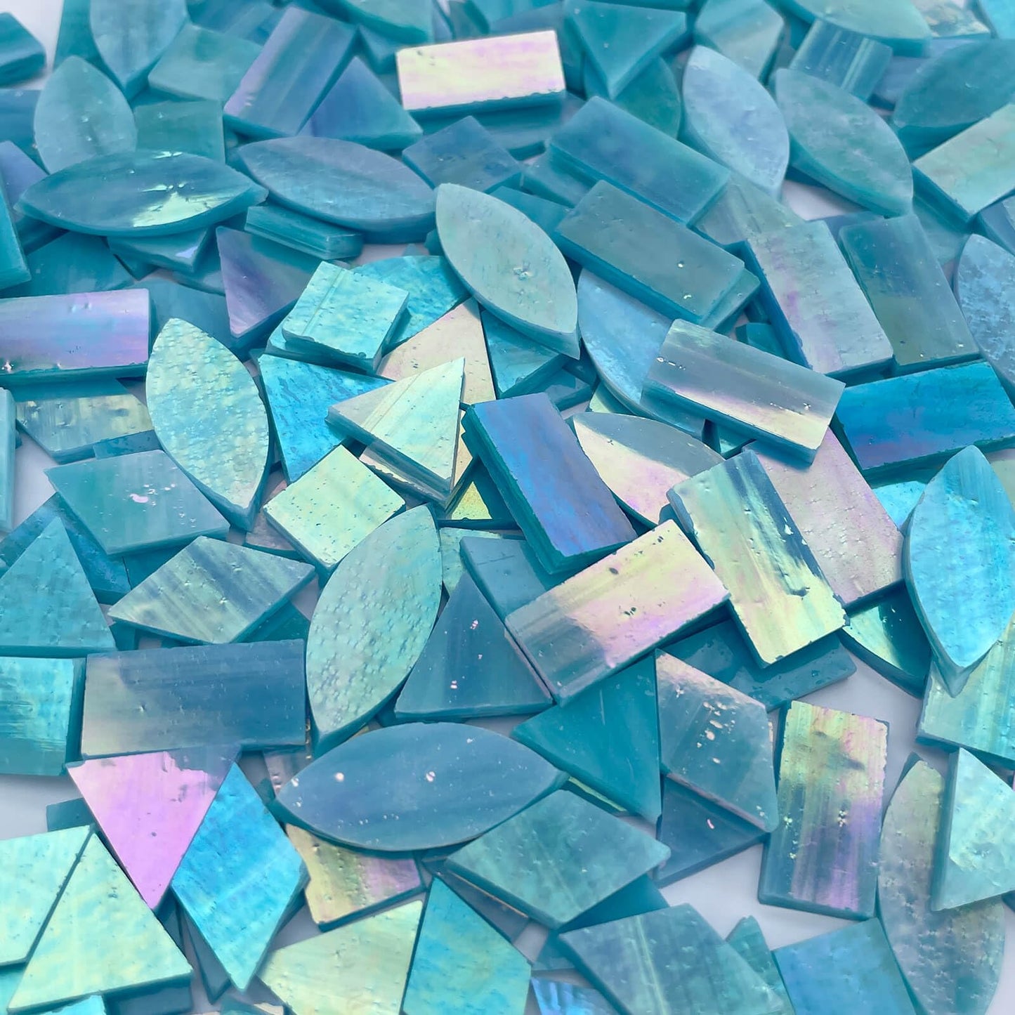 LITMIND Iridescent SkyBlue Stained Glass Mosaic Tiles for Crafts - 240 Pieces, 5 Shapes Mixed (Rectangle, Triangle, Rhombus, Square, Leaf) - Ideal for Mosaic Making Projects and Beginners