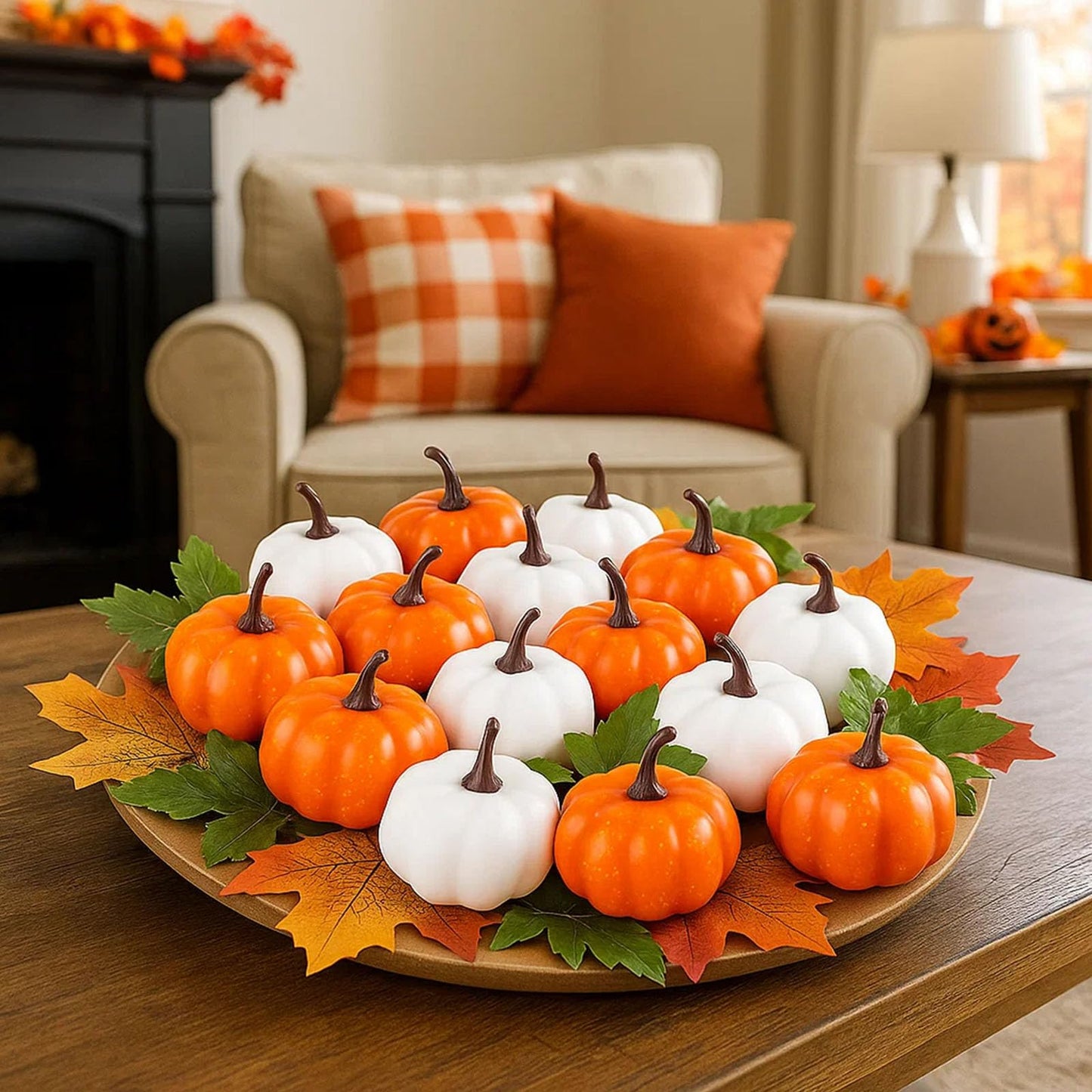 42 PCS Artificial Pumpkins Decorations, 12PCS Fake Pumpkins with 30Packs Maple Leaves for Fall Harvest Crafts Halloween Thanksgiving Decor