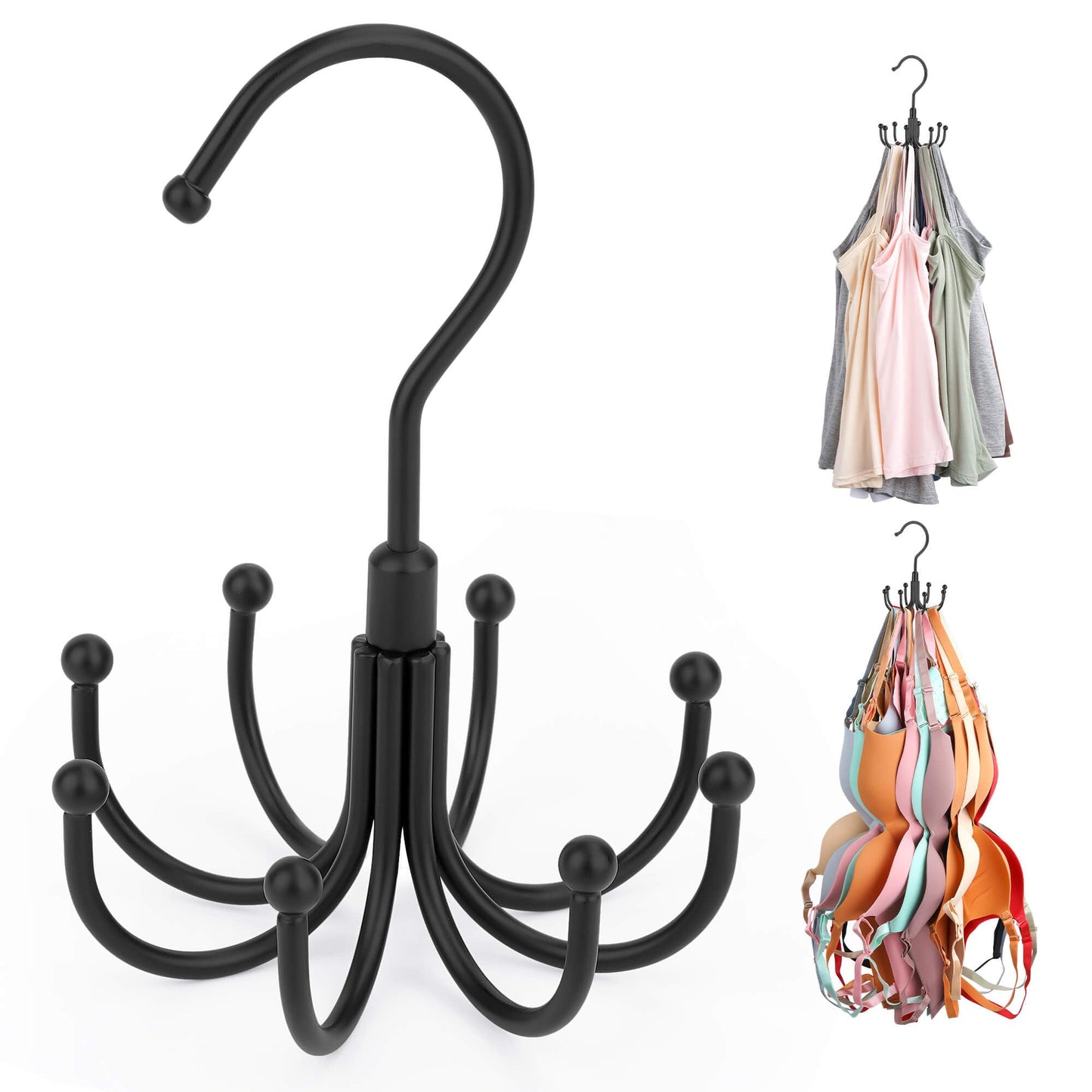 ZEDODIER Tank Top Hanger, Rotatable Bra Organzier for Closet, Max 24 Storage Capacity Sport Bras Holder, Metal Space Saving Closet Organizers and Storage, Black