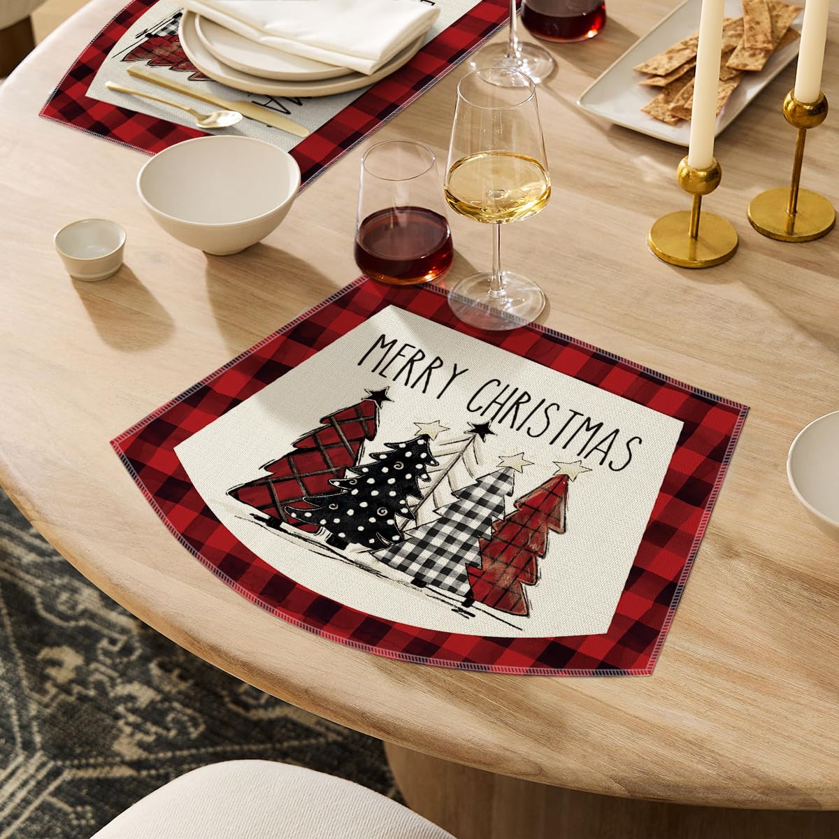 Artoid Mode Red Christmas Trees Wedge Shape Placemats for Round Table Set of 6, Winter Seasonal Kitchen Dining Table Decoration for Indoor Party Home
