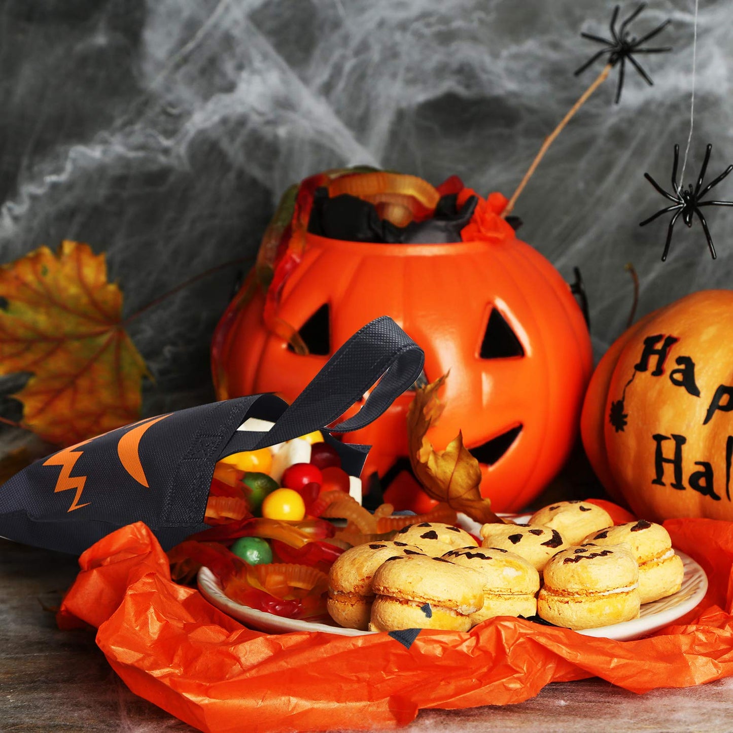 Elcoho 30 Packs Halloween Trick or Treat Non-woven Bags Pumpkin Bag Party Goody Tote Bags Gift Bag with Handles Party Favors, 8 by 8 Inches, 10 Styles