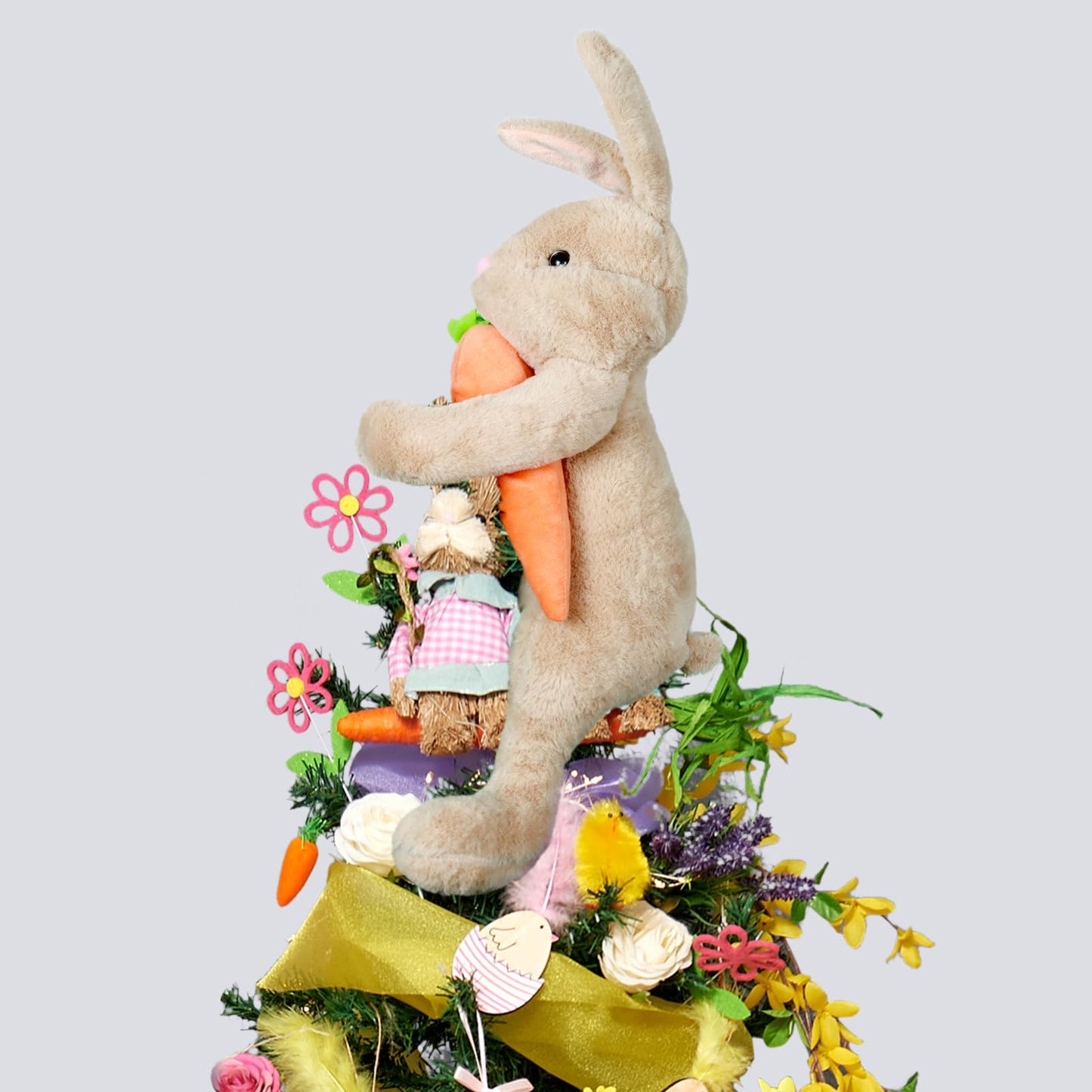 Easter Bunny Tree Topper Decorations,Spring Plush Rabbit Hugged Carrot for Tree Basket Stuffers Holiday Home Party Supplies Decor Gray
