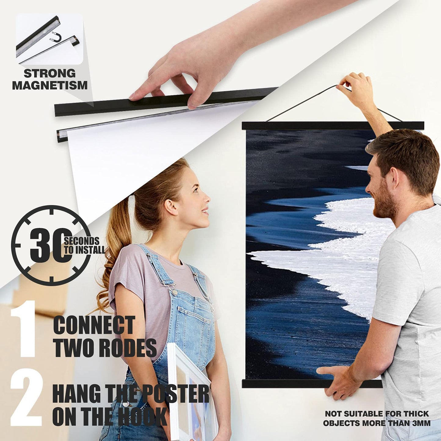 Magnetic Poster Hanger, 12x18 12x16 12x24 Poster Frame Wood Wooden Magnet Print Posters Dowel Scroll Hanger Hangers Hanging Kit for Walls Map Canvas Artwork (Black, 12")