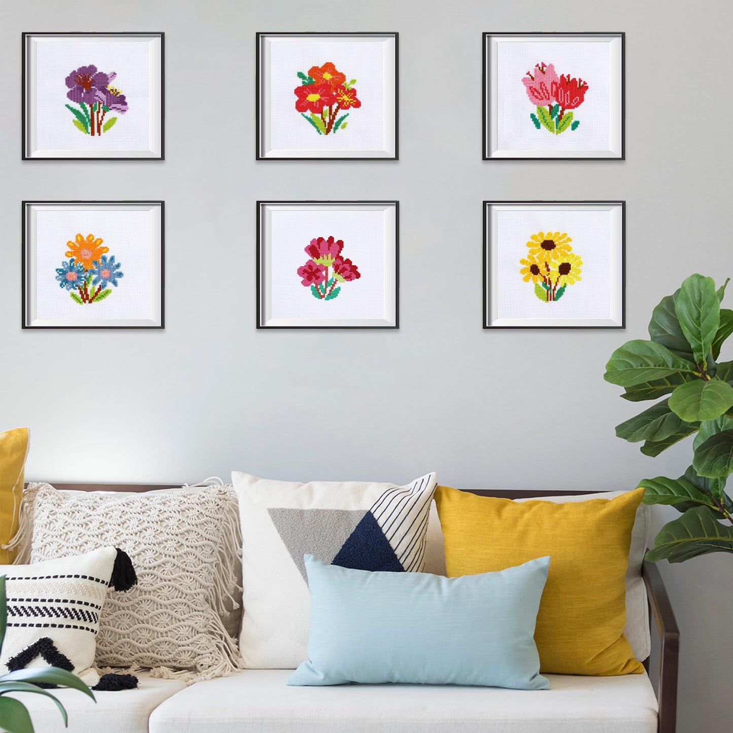 ZOIIWA 6PCS Flower Cross Stitch Kits for Beginners DIY Embroidery Kit for Kids Adults Christmas Birthday Gift Needlepoint Patterns with 2 Embroidery Hoops Craft Supplies