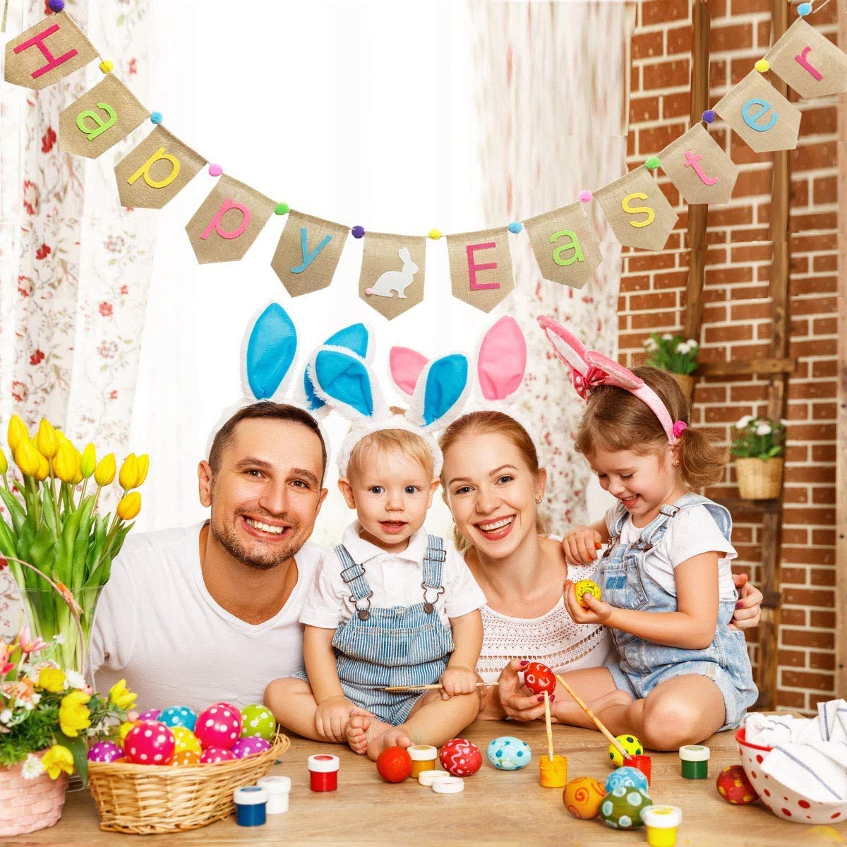 Happy Easter Burlap Banner Decorations, Happy Easter Garland Bunting, Spring Farmhouse Decorations for Mantle,Rabbit Banner Gift for Kids
