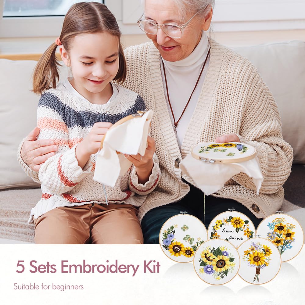 5 Pack embroidery kit for beginners Adults DIY Starter Kit,Sunflower Gifts for Women Cross Stitch Kits with Flower Stamped Patterns, Embroidery Hoop, Tools,Colorful Threads,Hand Craft Lover Gift