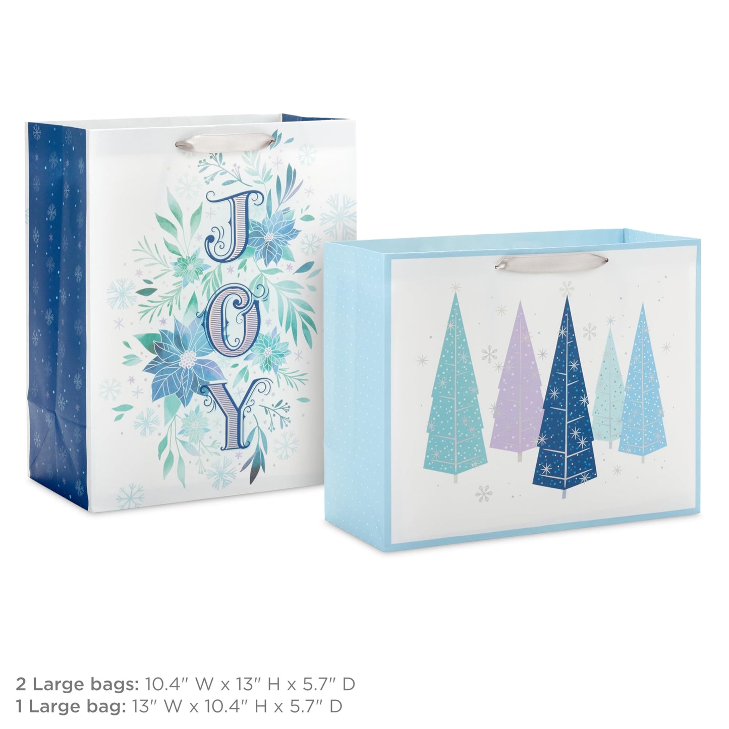 13" Large Gift Bag Bundle (3 Bags: 2 Vertical, 1 Horizontal) Watercolor Winter Wreath, Trees, Joy in Lavender, Sage Green, Light Blue, Silver