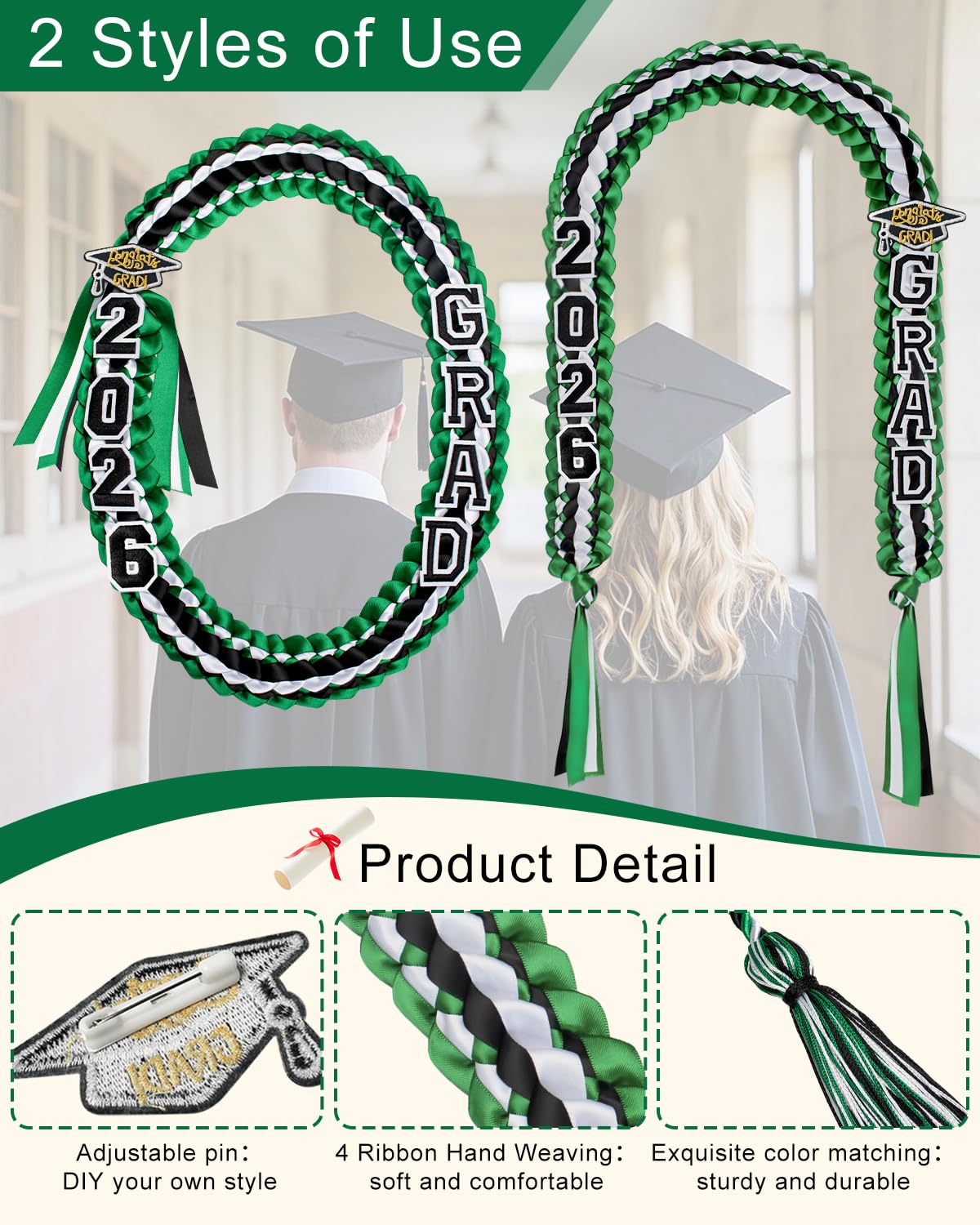 Yigney Graduation Lei Set Class of 2026 Grad Ribbon Leis with Honor Cord Double Braided Graduate Leis for Men Women Green Black White