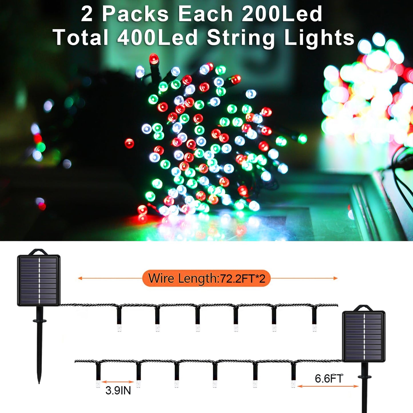 Solar Christmas String Lights Outdoor Waterproof Decorations, Red White Green Fairy Lights, 2PACK Total 400LED 144FT with 8Modes, Outside Lights for Tree, Garden, Patio, Fence, Balcony