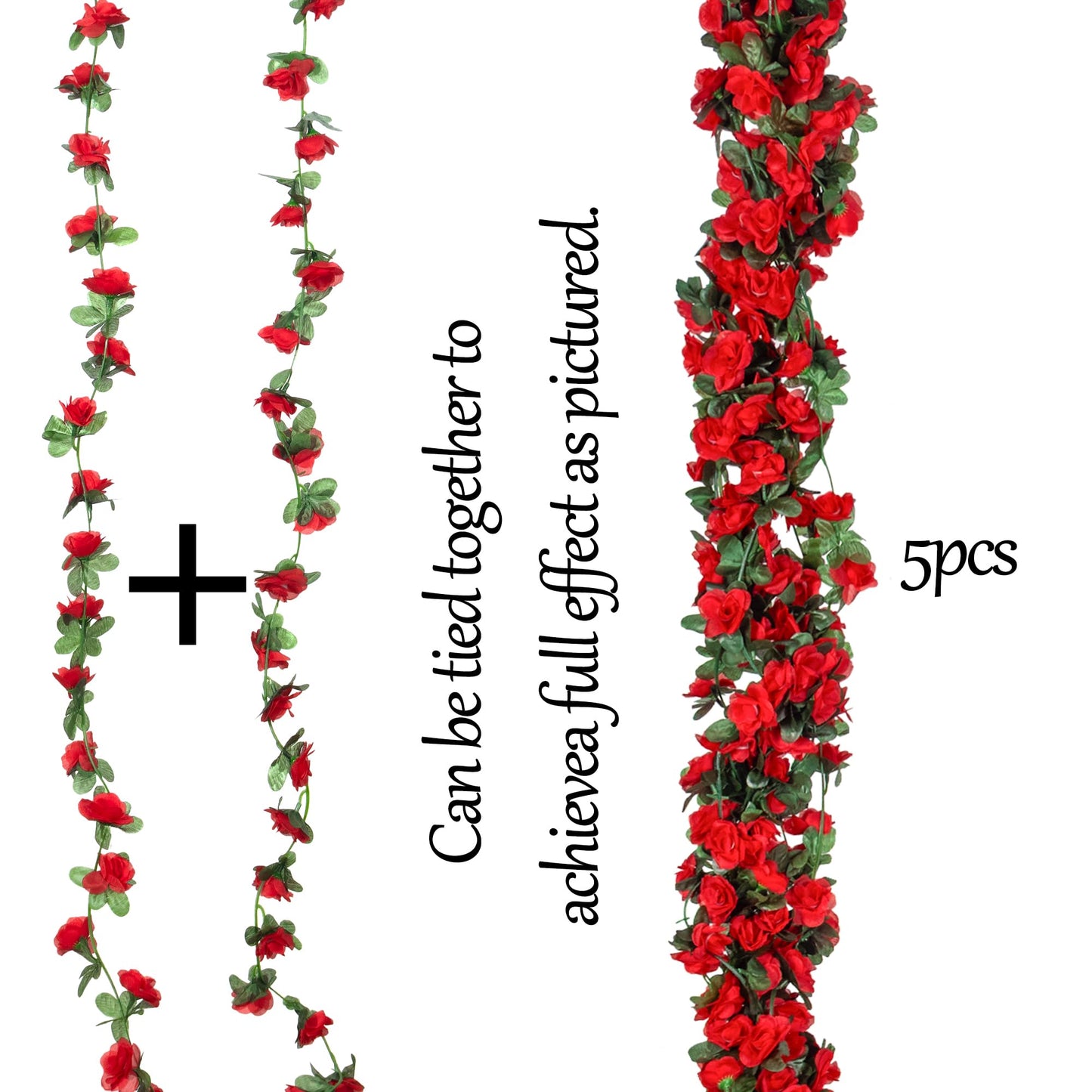 BSMYBO 5Pcs 41FT Artificial Red Flower Garland, Fake Hanging Flower Vines Wine Red Rose with Green Leaves, Faux Silk Flower for Backdrop Decoration Tea Party Wedding Birthday Anniversary Bedroom