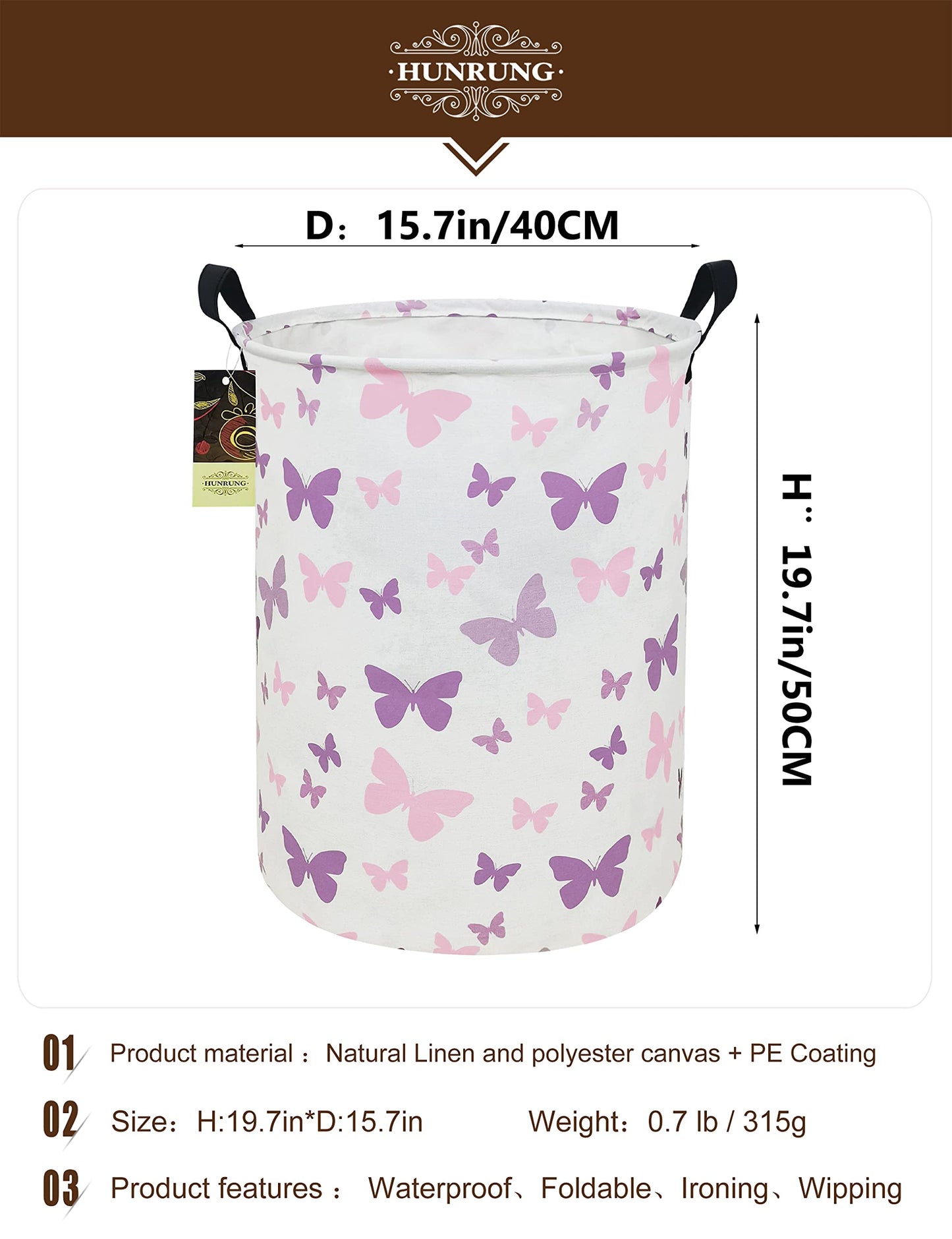 Laundry Hamper,Large Canvas Fabric Lightweight Storage Basket Toy Organizer Dirty Clothes Collapsible Waterproof for College Dorms（Round-Butterfly）