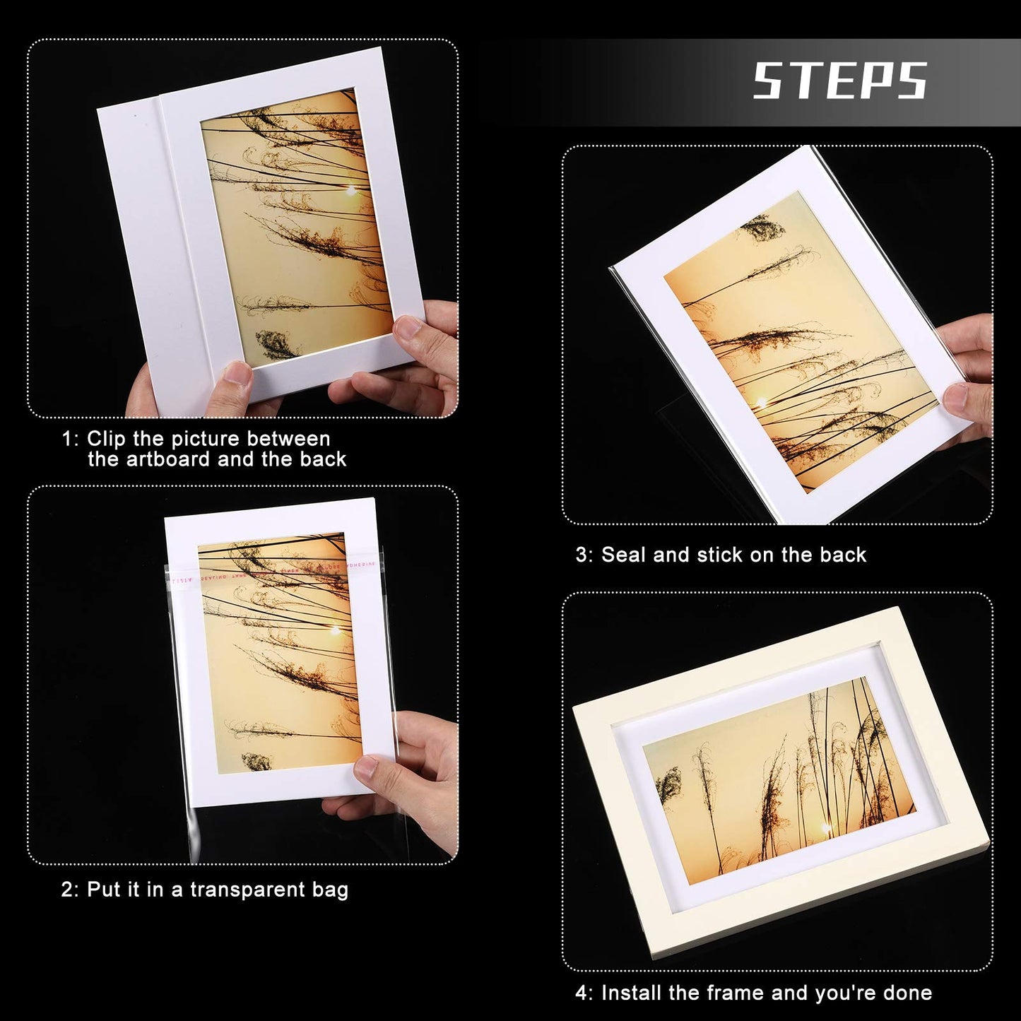 12 Sets White Picture Mat Set, 5" x 7", 8" x 10", 11" x 14" Photo Frame Mattes with White Core Bevel Cutting Mat Board and 20 Transparent Bags for Packaging Photo Picture Artwork