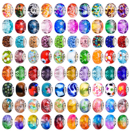 120 Pieces Assorted European Craft Beads Large Hole Lampwork Spacer Beads Colorful European Beads for DIY Necklace Bracelet Jewelry Making (Out Flower)