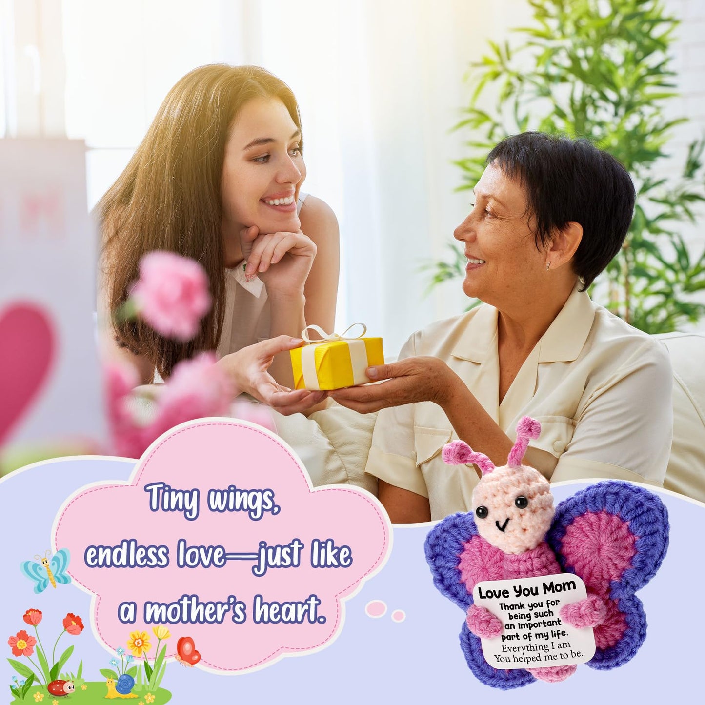WEYON Mom Gifts for Mothers Day from Daughter Son, Mini Crochet Butterfly for First New Bonus Mom in Law Birthday, Funny Presents Like Necklace Card Bracelet Blanket Flowers Basket Candle Mug Box Set