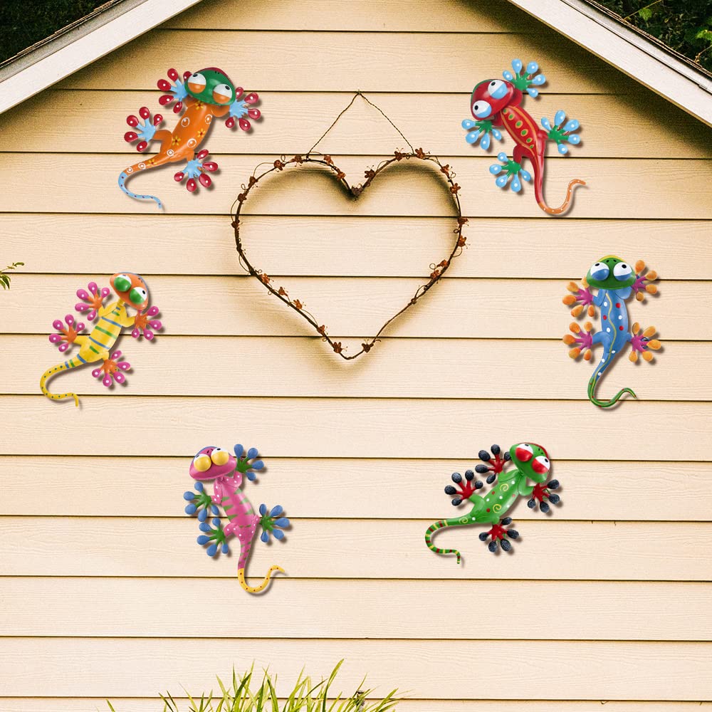 YEAHOME 6 Pack Metal Geckos Inspirational Wall Art, Mexican Outdoor Wall Decor with Shaking Head, Lizard Wall Sculptures & Statues for Farmhouse, Porch, Patio, Lawn, Fence