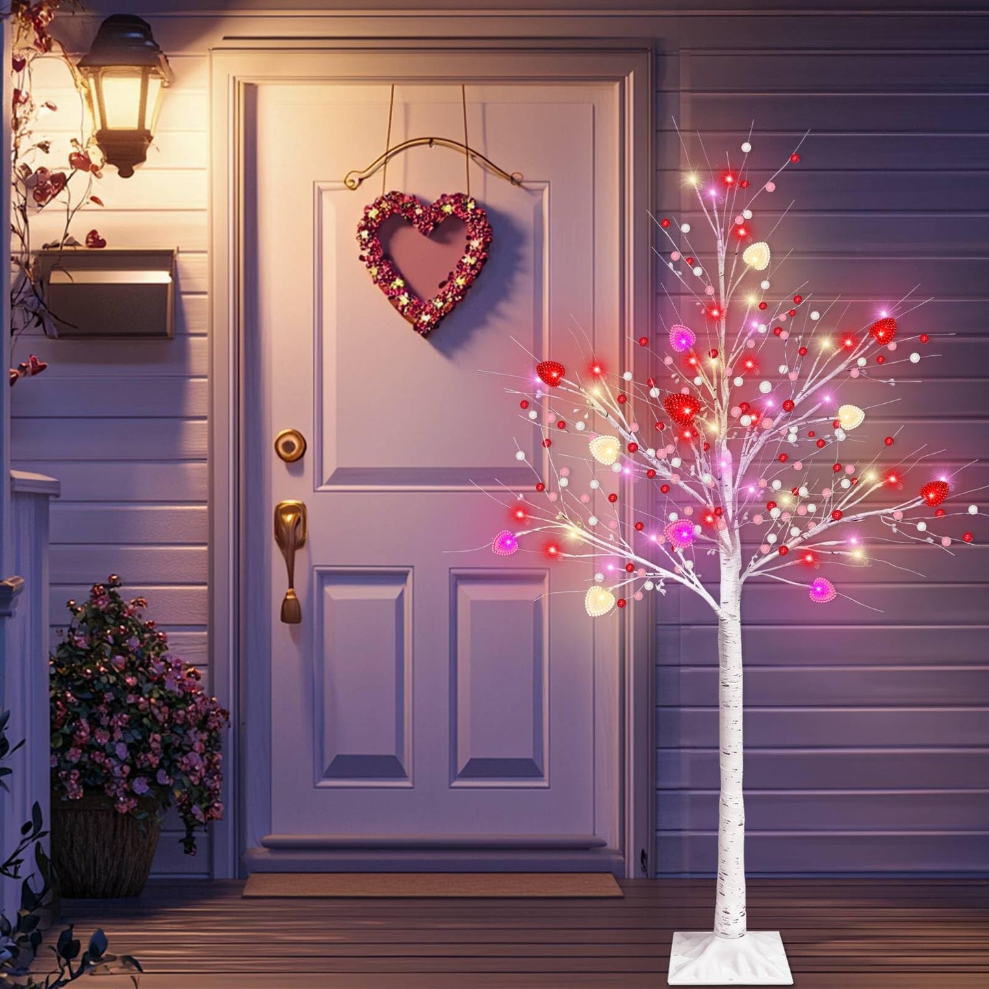 Valentines Day Decor, 4 FT Prelit Lighted Valentines Tree with 3D Hearts&Berries Ornaments 48 Led Red Pink Lights, Outdoor Waterproof Artificial Birches Tree for Valentines Day Decorations Indoor Home