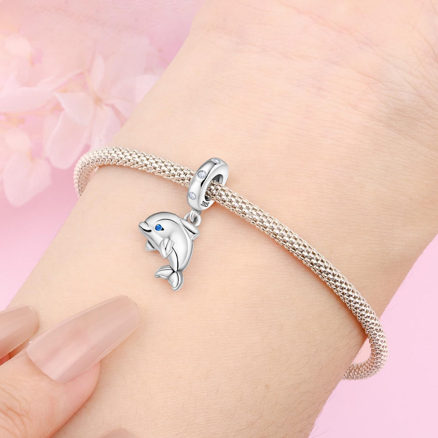 NUJIFFY 925 Sterling Silver Charms Beads for Bracelets Necklaces, Airplane Passport Sister Heart Coffee Music Book Travel Pendant, Pink Color Cute Animal Jewelry Graduation Birth Gifts for Women Men (Dolphin Charms)