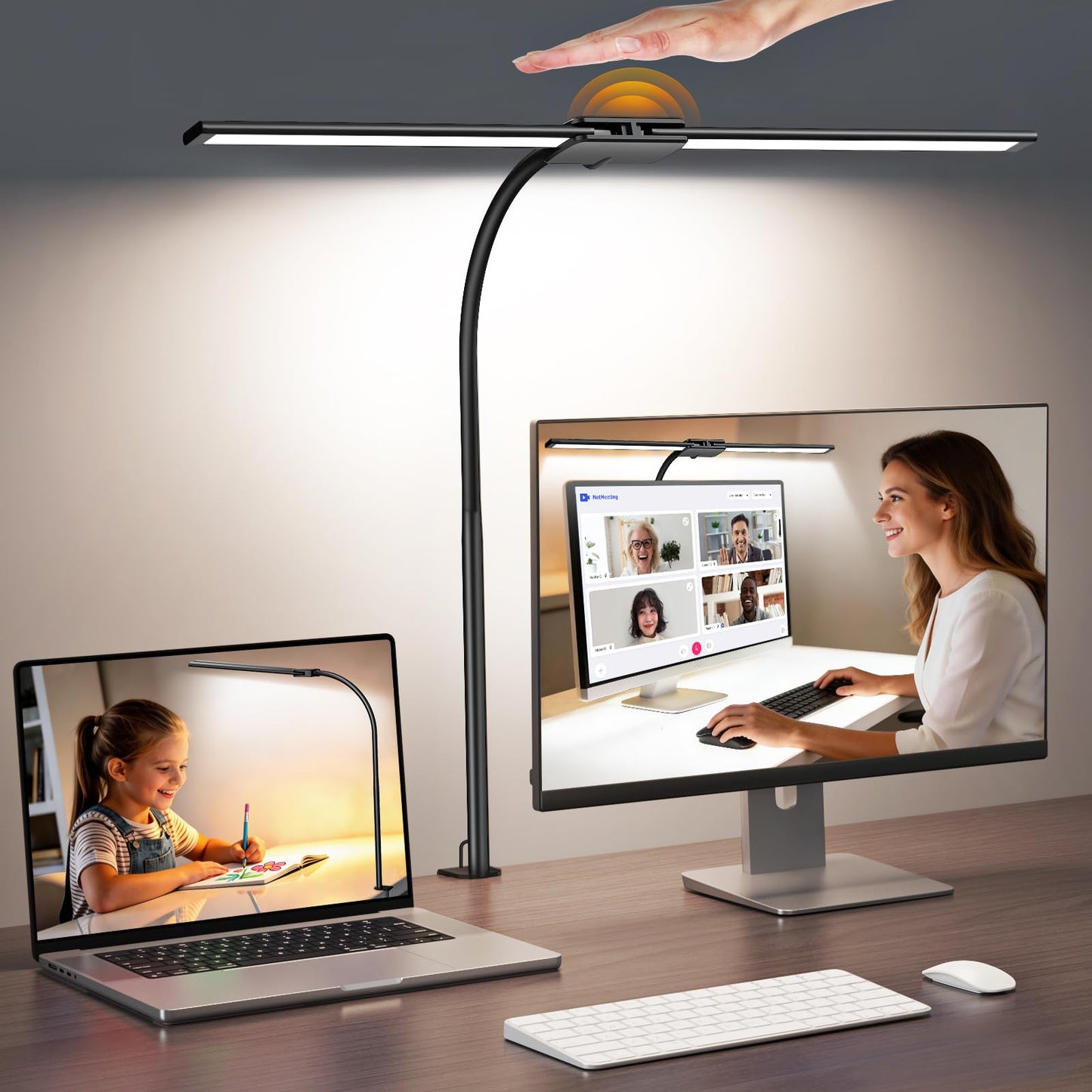 Syrinx LED Desk Lamp for Office Home – Eye Caring Dual Head Desk Light with Flexible Goose-Neck, Clamp, Motion Sensor/Wired Control, 50 Lighting Modes with Memory/Timer, Table Lamp for Study, Drafting