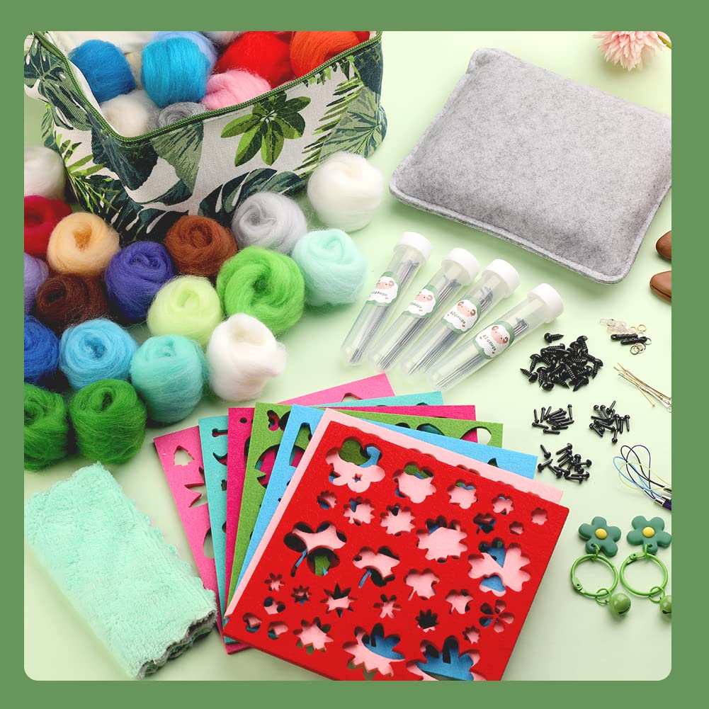 Needle Felting Kit, Wool Roving 50 Colors Set with Exquisite Green Storage Bag, Needle Felting Starter Kit, Needle Felting Tools Kit, Wool Felt Tools for Felted Animal Needle Felting Supplies