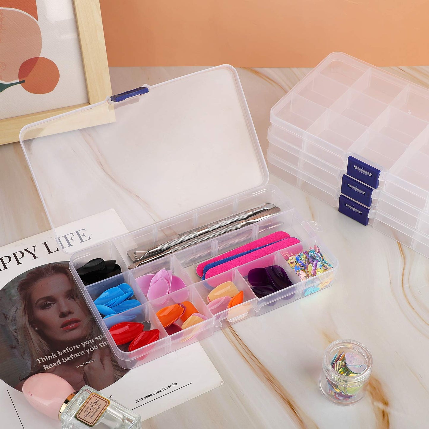 COSICS Fake Nail Storage Box, 3PCS 15-Grid Rhinestone Organizer Case with Divider, Clear Plastic Empty Container for Art Craft Sewing Screw Rock Collection Fishing Tackle, Bead Jewelry Display Holder