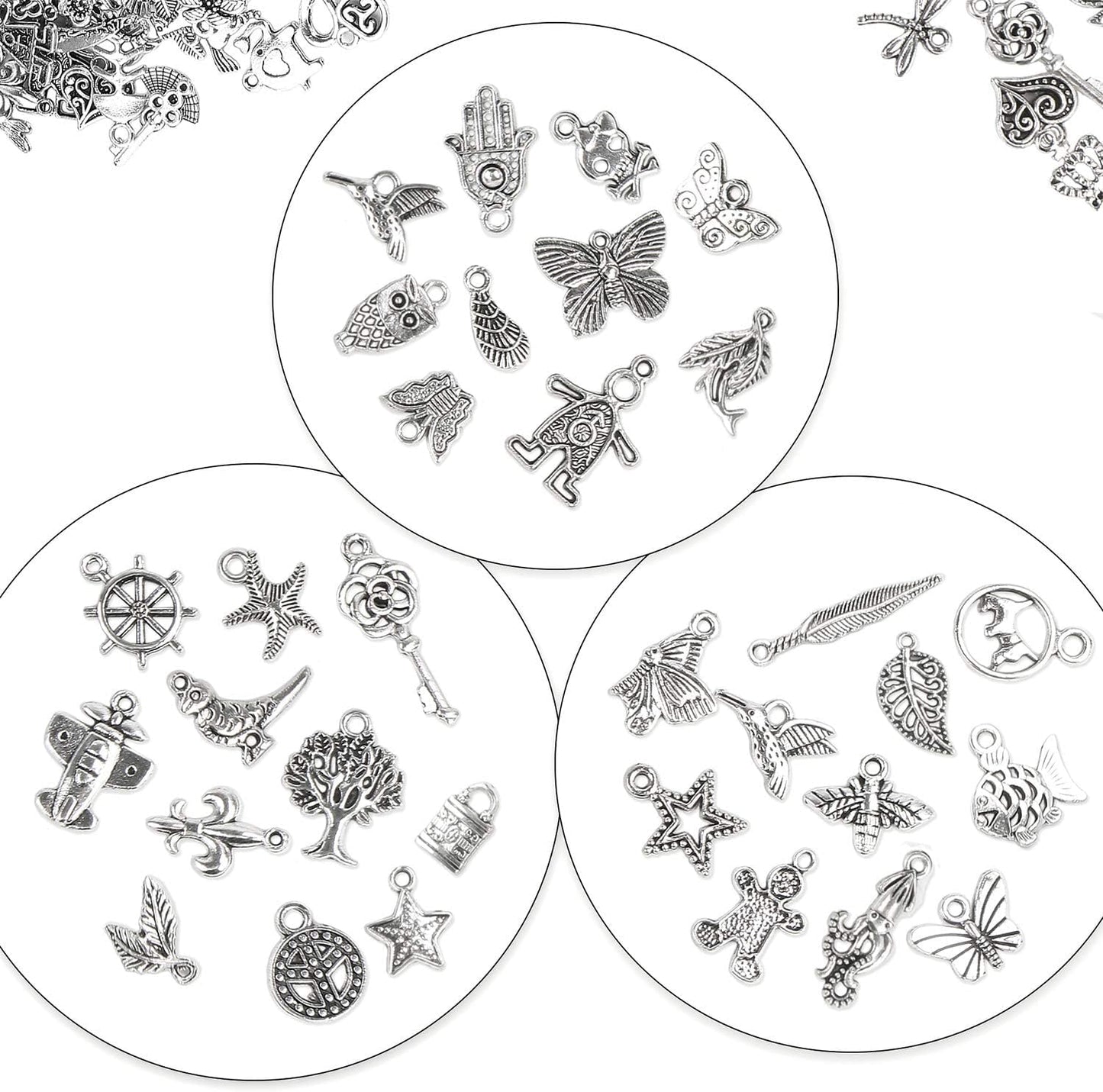SANNIX 200Pcs Silver Charms for Jewelry Making, Assorted Tibetan Silver Bangle Charm Pendants for Bracelet Necklace Earrings Making Crafts