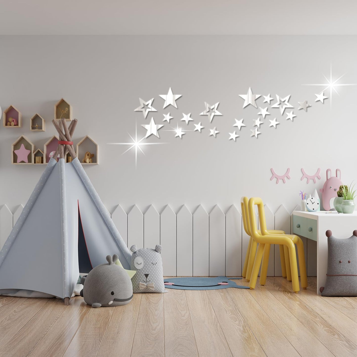 26pcs Stars Acrylic Mirror Wall Stickers 4Sizes Stars Stickers with Adhesive Art Decal 3D Wall Decorations for Baby Kids Bedroom Home DIY Decor (Silver Stars)
