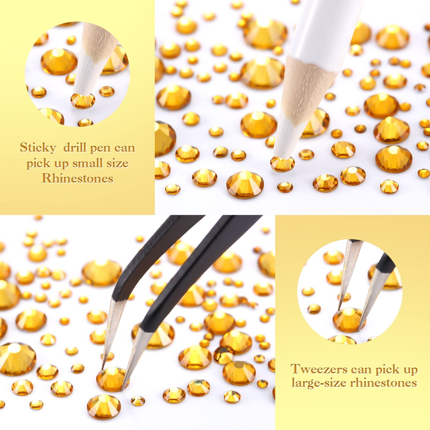 2000 Pieces Flat Back Gems 6 Sizes (1.5-6 Mm) Round Crystal Rhinestones with Pick Up Tweezer and Picking Pen for Crafts, Nail, Clothes, Shoes, Bags, DIY Art (Gold)