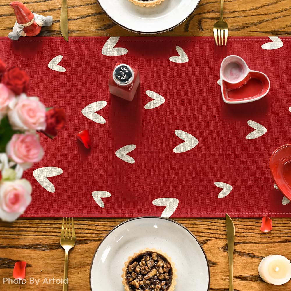 Artoid Mode Red Love Valentine's Day Table Runner, Seasonal Anniversary Kitchen Dining Table Decoration for Indoor Home Party 13x72 Inch