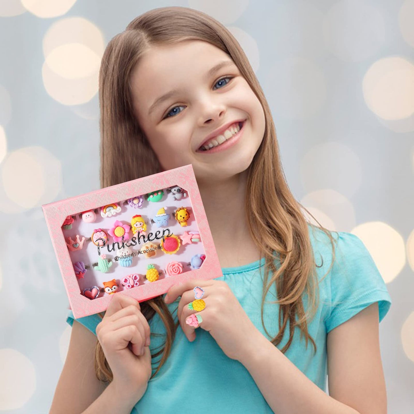 PinkSheep Little Girl Jewel Rings Pink,Adjustable Princess Ring Set in Gift Box,Kids Dress Up Rings for Ages 3-12 with Butterfly, Fox, Rainbow Pretend Play Gift (bling) (Mat)