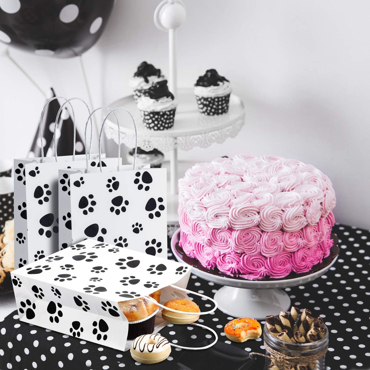 Blulu 20 Pcs Puppy Dog Paw Print Gift Bags with Paper Twist Handles, Dog Gift Bags Paper Paw Print Treat Goodie Bags for PET Treat Party Favor, 6.3 x 3.1 x 8.6 Inch (White Backing)