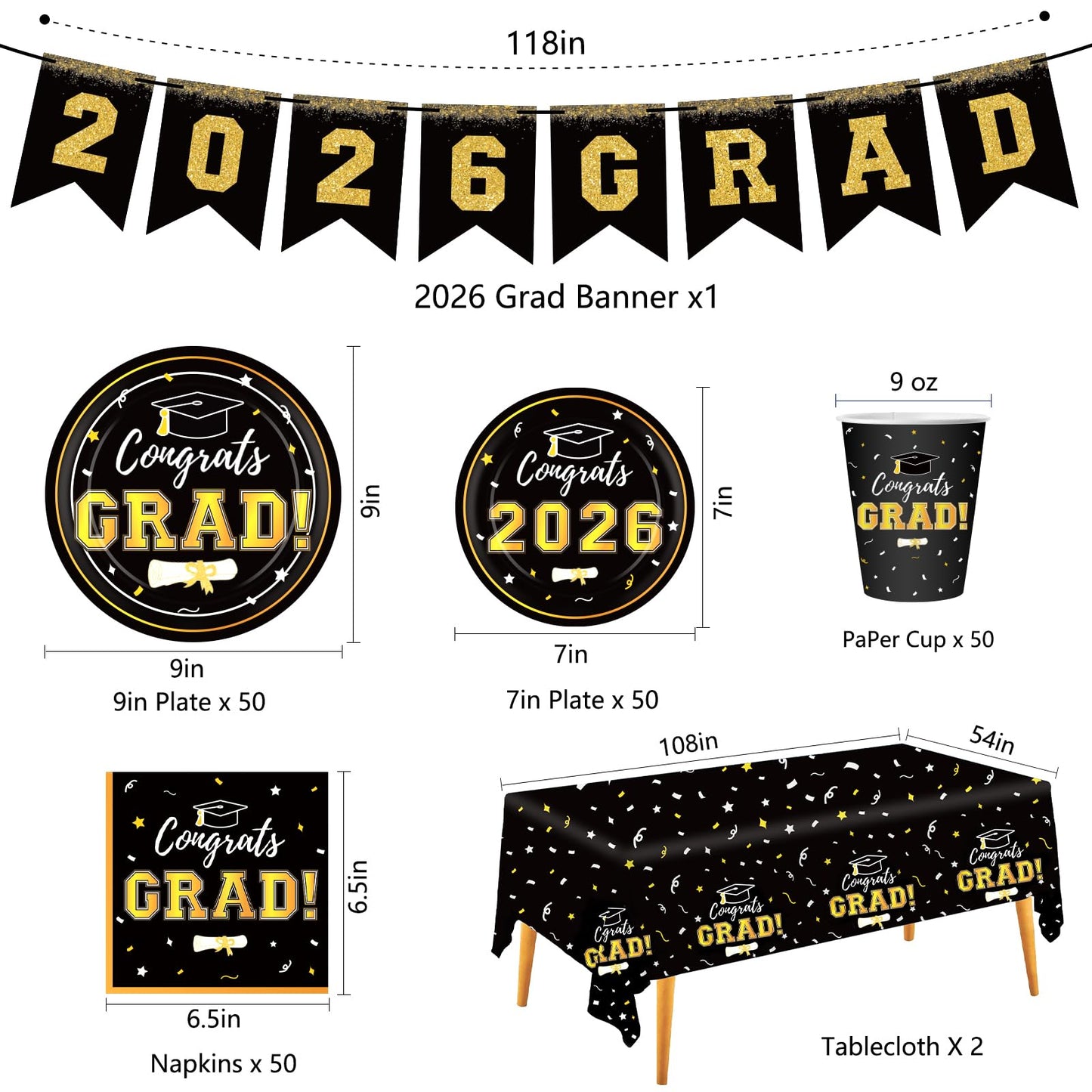 Graduation Decorations 2026 Disposable Black Graduation Tableware Kit for 25 Guests Plates Napkins Cups Tablecloth Hanging Graduation Party Decorations 2026