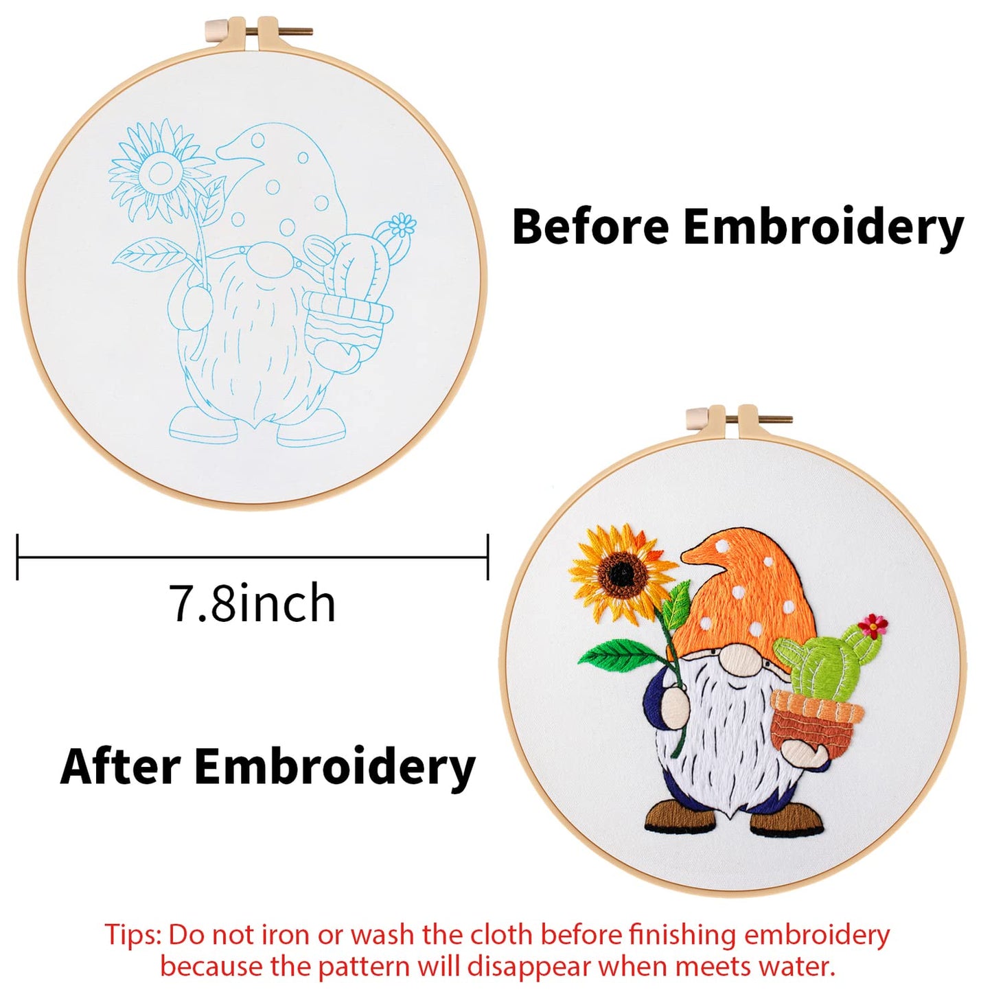Sunflower Embroidery Kit for Beginners, Full Set of Stamped Gnome Cross Stitch Kit for Adults Including Threads, Hoops and Instruction