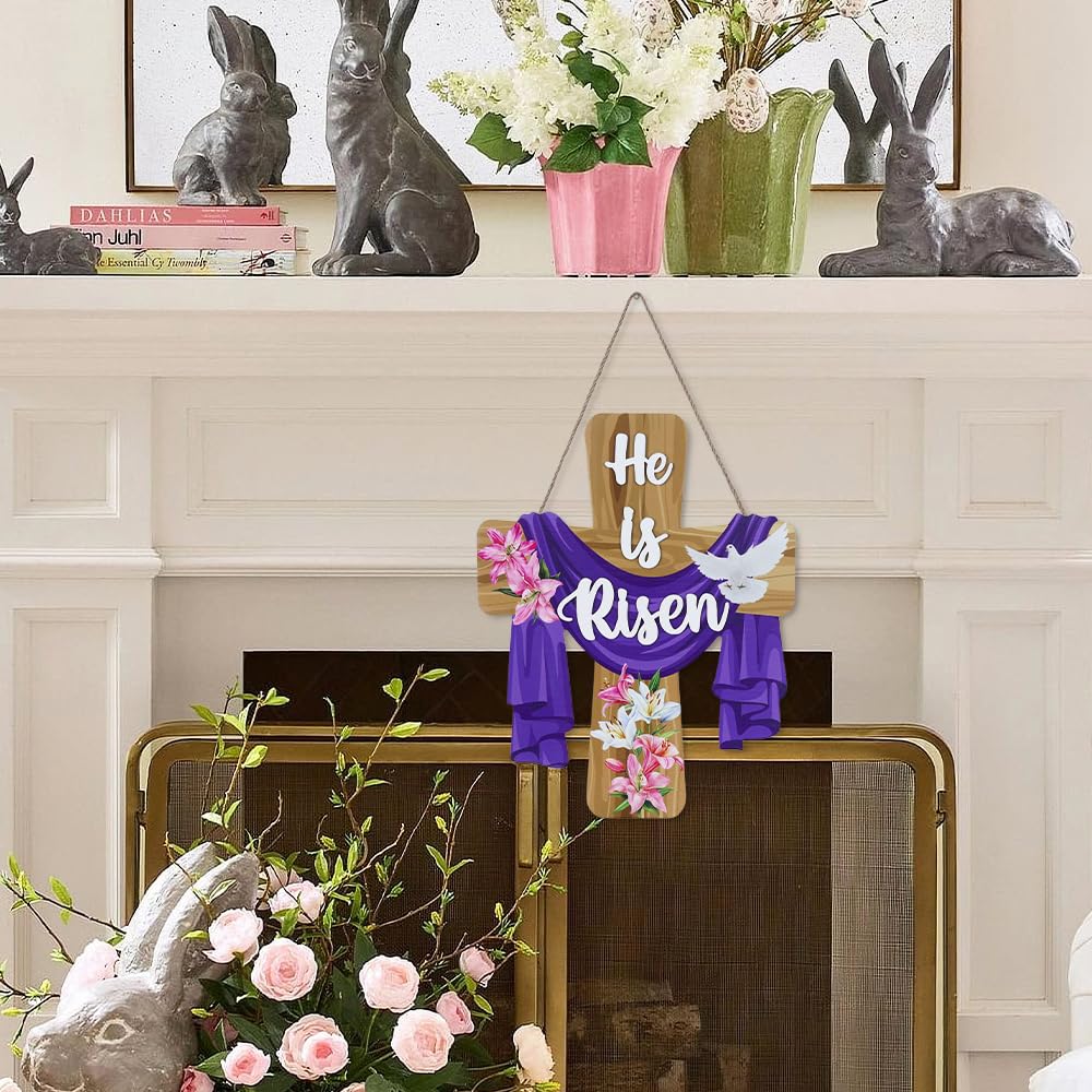 He is Risen Easter Decorations, Wood Cross Wall Signs, Wooden Wreaths for Front Door, Christian Jesus Lily Flowers Dove Hanging Crafts for Spring Home Farmhouse Party Porch Mantel Window Decor