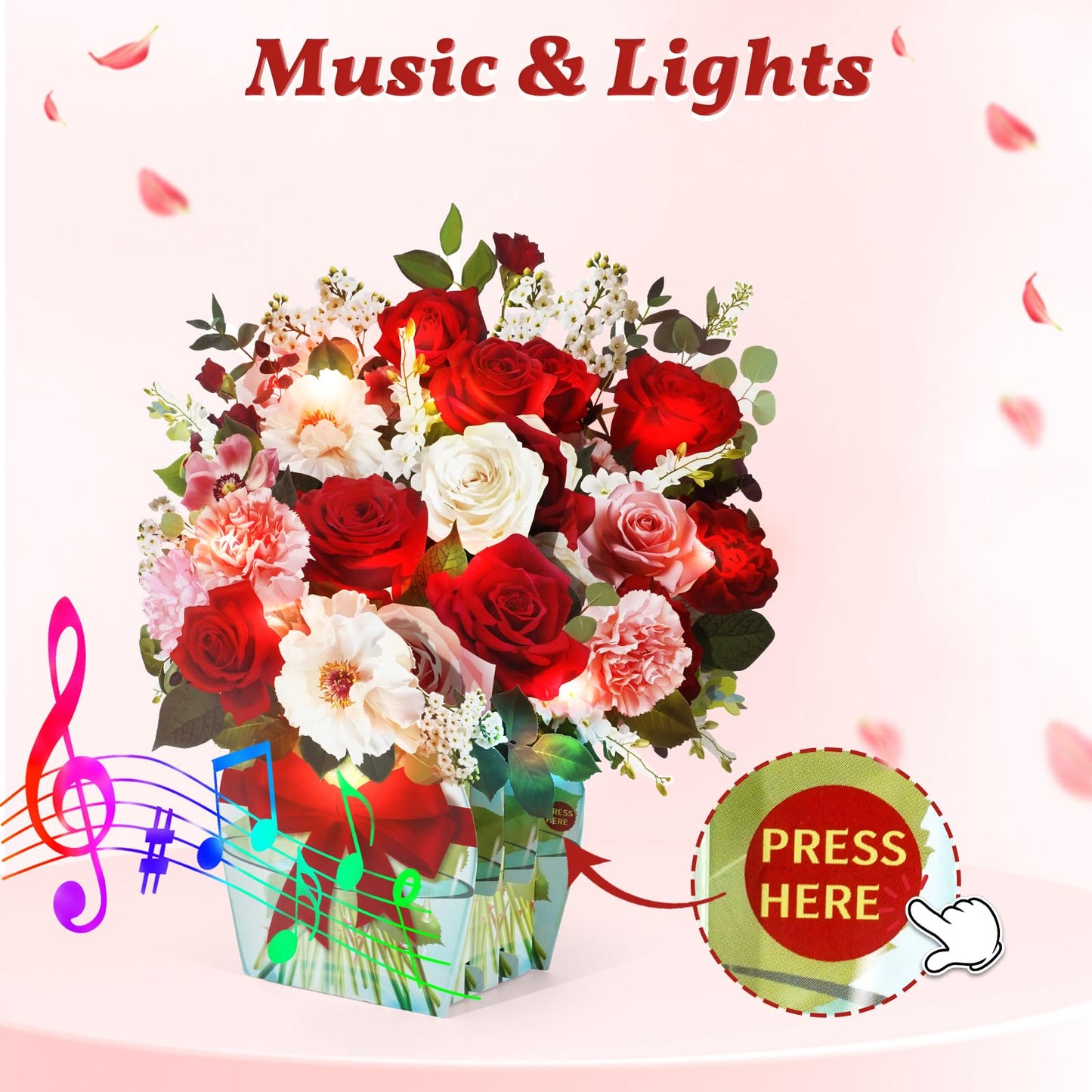 APOTODITO Rose Card with Music and Light, Mothers Day Card with Roses, Flower Bouquet 3D Gift Card, Mothers Day Gifts for Women Mom Wife(Rose)