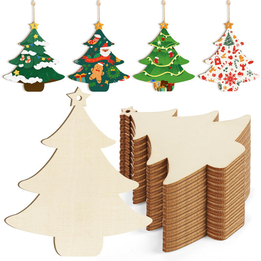 Wooden Christmas Tree Ornaments to Paint Christmas Thanksgiving Decoration Cutouts Unfinished 24PCS 3.5 x 3 inches, DIY Blank Unfinished Christmastree Wood Discs Ornament for Home Crafts Hanging