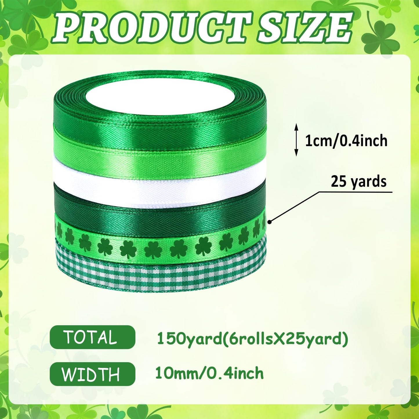 St. Patrick's Day Ribbon, 6 Rolls 150 Yards Green Saint Patrick's Decor Ribbons, 3/8 Inch Polyester Grosgrain for Gift Wrapping, Bow Making, DIY Crafts, Party Decorations