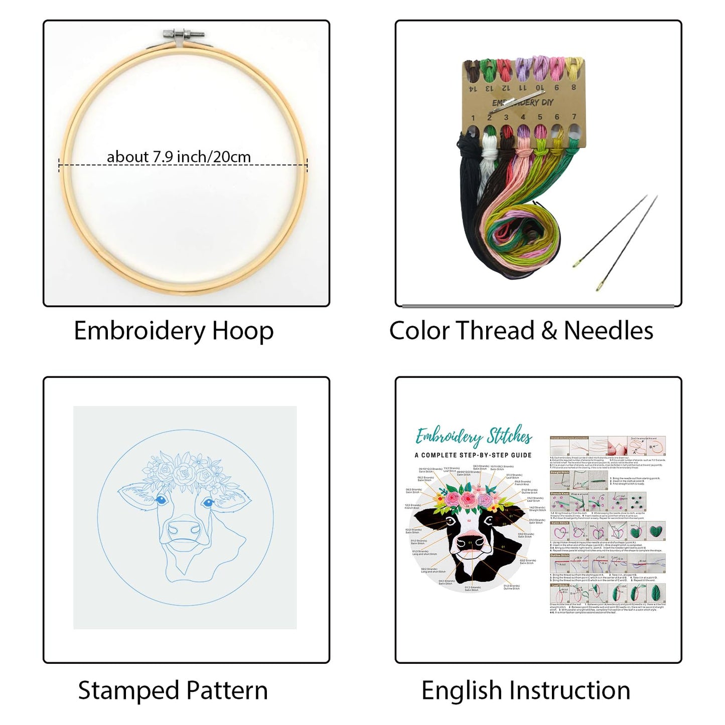 Louise Maelys Cow Beginners Embroidery Kits,Cross Stitch Starter kit for Adults with Embroidery Cloth Hoop Needles Instruction and Threads