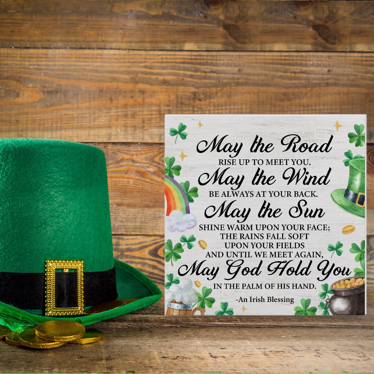Irish Blessing Decorations St. Patricks Day Decor, Rustic an Irish Blessing Wood Sign Home Tabletop Shelf Desk Decor, St Patricks Day Decorations, 5 X 5 Inches
