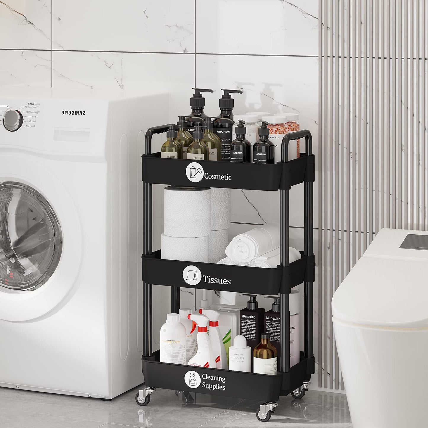 Laiensia 3-Tier Kitchen Storage Cart,Multifunction Utility Rolling Storage Organizer,Mobile Shelving Unit Cart with Lockable Wheels for Bathroom,Laundry,Living Room,With Classified Stickers,Black