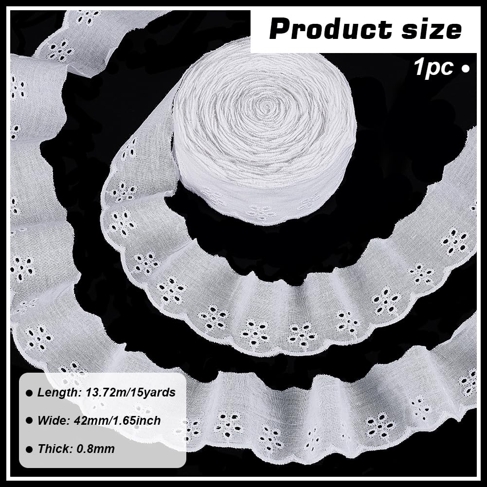 15 Yards Cotton Lace Trim 1-5/8 inch White Cotton Eyelet Lace Ribbon Floral Embroidery Ruffle Lace Trim Wavy Edge Floral Cotton Lace Ribbon for Sewing Dresses Clothes Bag Pets Clothes