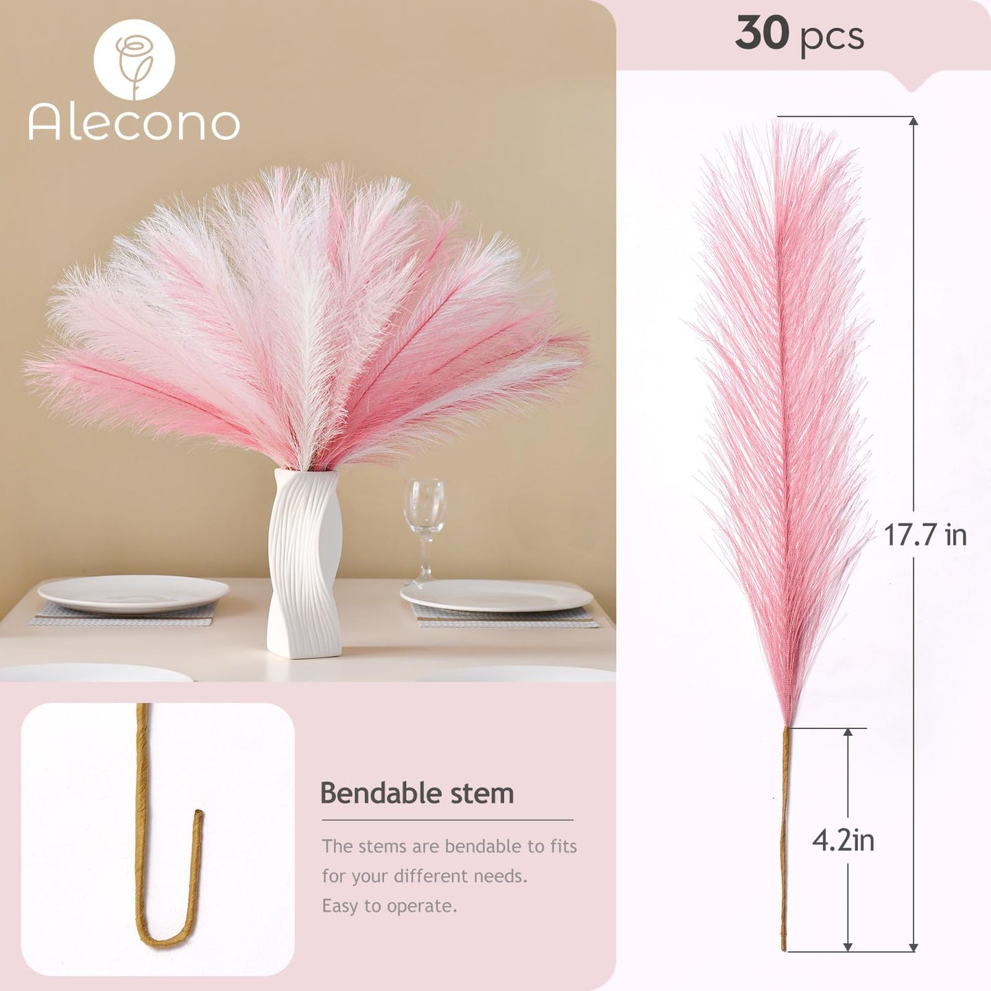 Alecono 𝟯𝟬𝙋𝙘𝙨 Pampas Grass 17in, Pink Pampas Grass Decor for Home Decoration, Faux Pampas Grass Wall Decor for Wedding Centerpieces Party Decorations(Blush, Cream, Pink)