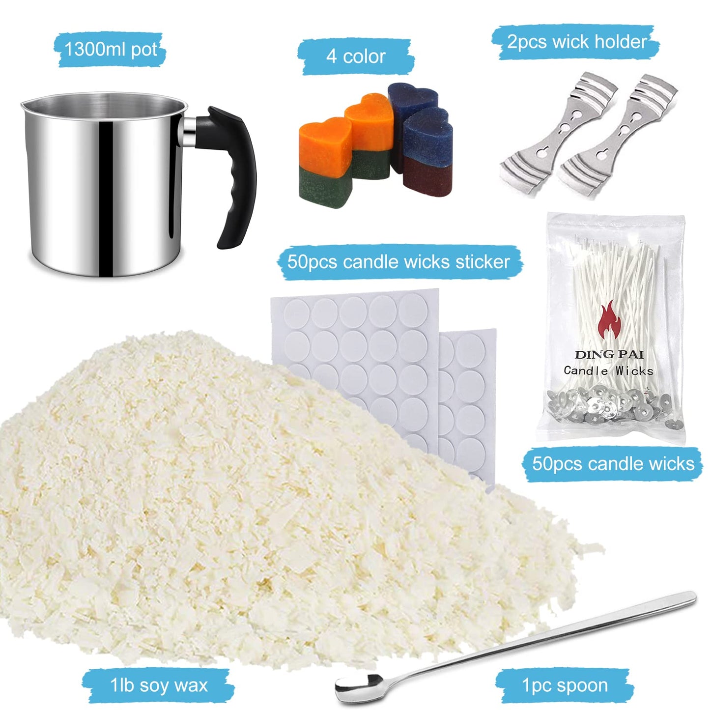 Candle Making Supplies, Complete Soy Candle Making Set Including Candle Make Pouring Pot, Candle Wicks, Wicks Sticker, 3-Hole Candle Wicks Holder, Natural Soy Wax and Spoon