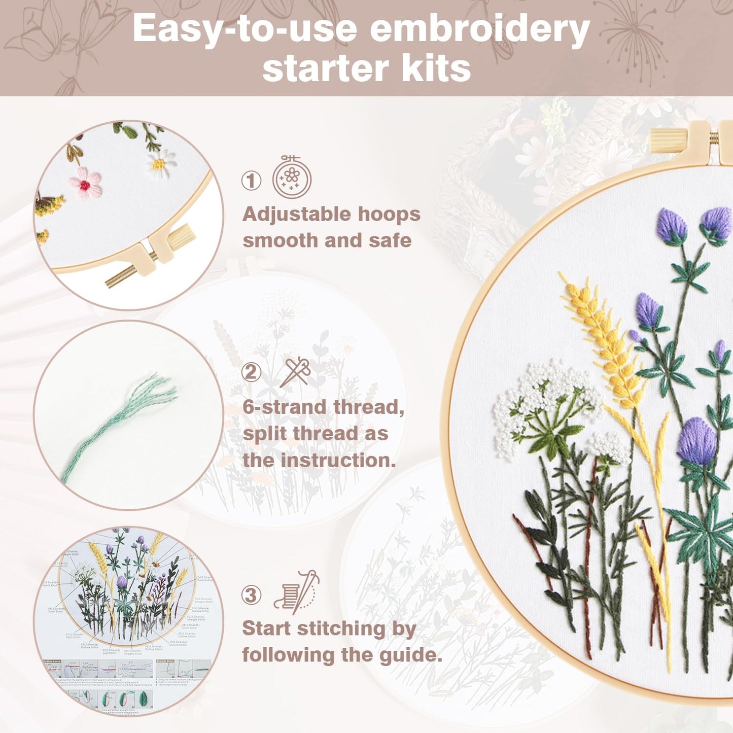 Embroidery Kit for Beginners Set of 3, Flower Pattern Embroidery Kits for Starter or Adults Hand DIY Practice Kit, Step by Step Instructions and Video Tutorial